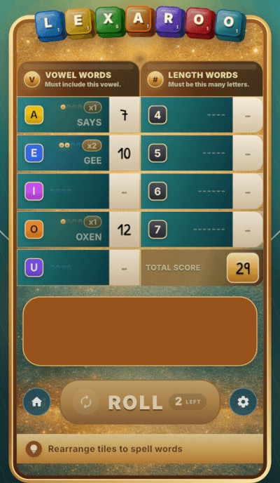 Lexaroo gameplay: vowel words and length words scorecard with letter tiles